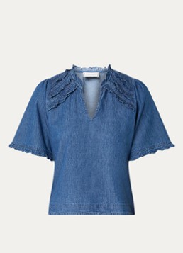 Neo Noir Dames Wendia blouse van chambray met volant in de kleur Indigo, maat: 40