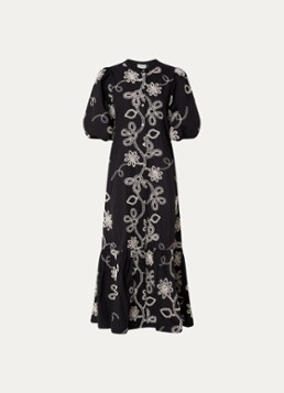 Neo Noir Dames Veronica maxi blousejurk met bloemborduring en pofmouw in de kleur Zwart, maat: 42