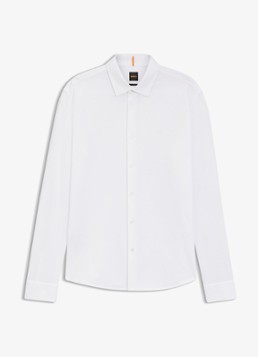 BOSS Heren Slim-fit overhemd van gemêleerde katoenen jersey in de kleur Wit
