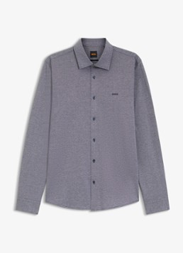 BOSS Heren Slim-fit overhemd van gemêleerde katoenen jersey in de kleur Donkerblauw 406