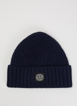 Stone Island Meisjes Ribgebreide muts in scheerwolblend met logo in de kleur Donkerblauw, maat: 1