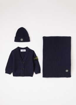 Stone Island Jongens Set van vest met muts en sjaal in giftbox 3-delig in de kleur Donkerblauw, maat: 6/9M=68