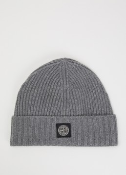 Stone Island Jongens 00001 ribgebreide muts in kasjmierblend met logo in de kleur Grijs, maat: L = 152