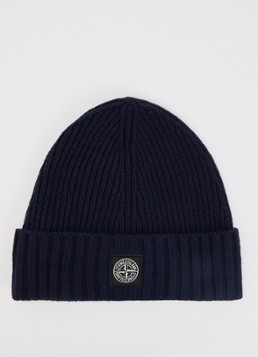 Stone Island Jongens 00001 ribgebreide muts in kasjmierblend met logo in de kleur Donkerblauw, maat: M = 128