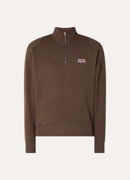 The New Originals Heren Sweater met halve rits en logo in de kleur Donkerbruin, maat: M