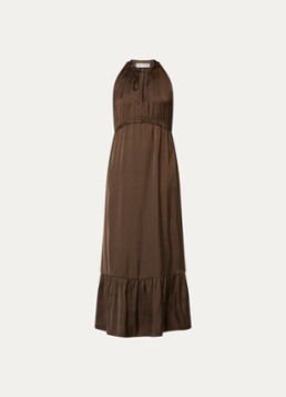 Sofie Schnoor Dames Melsw maxi tuniekjurk van satijn met smockwerk in de kleur Donkerbruin