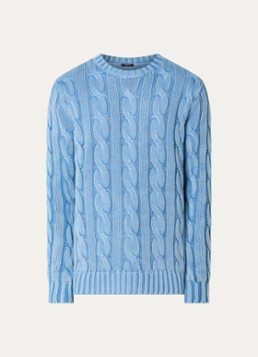 Denham Heren Grant kabelgebreide trui in wolblend met ingebreid logo in de kleur Lichtblauw, maat: XL