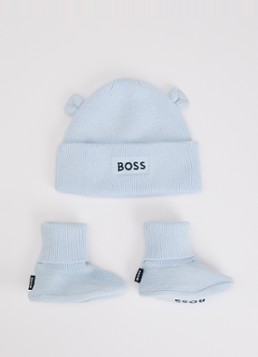 BOSS Jongens Set van muts en slofjes in giftbox 2-delig in de kleur Lichtblauw, maat: 62