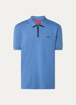 HUGO Heren Polo van katoenpiqué met contrastlogo in de kleur Medium Blue-427 / Blauw