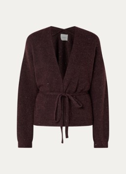 Alchemist Dames Sofia fijngebreid vest met pailletten en strikceintuur in de kleur Chocoladebruin