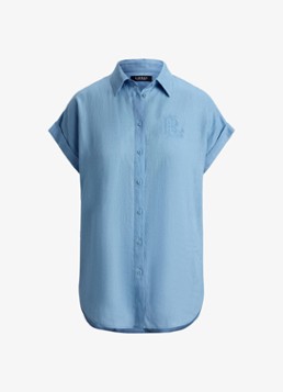 Ralph Lauren Dames Blouse van linnen met logoborduring in de kleur Blue Note / Blauw