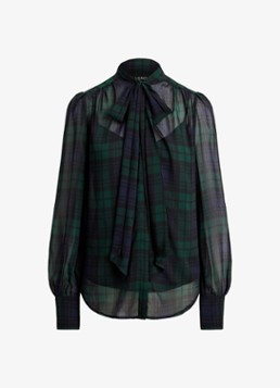 Ralph Lauren Dames Semi-transparante tuniek met ruitdessin en sjaalkraag in de kleur Navy/Green/Black / Blauw/Groen/Zwart