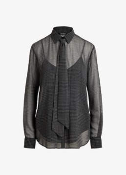 Ralph Lauren Dames Semi-transparante blouse met pied-de-poule dessin en strikdetail in de kleur Grey/Black / Grijs/Zwart