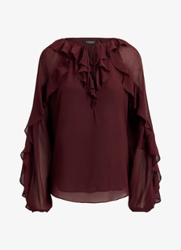 Ralph Lauren Dames Semi-transparante tuniek met ruches in de kleur Dark Garnet / Bordeauxrood