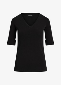 Ralph Lauren Dames T-shirt met V-hals en halflange mouw in de kleur Black / zwart