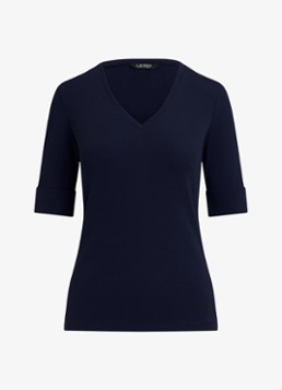 Ralph Lauren Dames T-shirt met V-hals en halflange mouw in de kleur Blauw