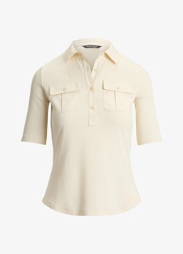 Ralph Lauren Dames Ribgrebreide top met borstzakken in de kleur Mascarpone Crème / Crème
