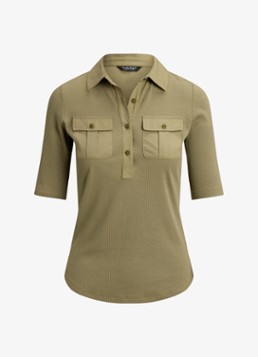 Ralph Lauren Dames Ribgrebreide top met borstzakken in de kleur Light Agave / Groen