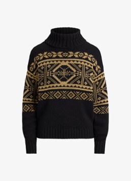 Ralph Lauren Dames Fair Isle grofgebreide trui in wolblend met col in de kleur Black - Relic Gold Metallic / Zwart - Goud