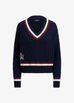 Ralph Lauren Dames Kabelgebreide trui met logoborduring in de kleur Donkerblauw