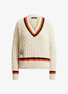 Ralph Lauren Dames Kabelgebreide trui met logoborduring in de kleur Creme