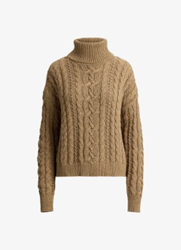 Ralph Lauren Dames Kabelgebreide trui met col in de kleur Camel Marl / Beige