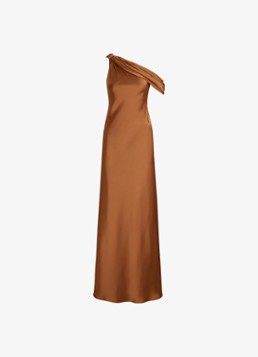 Ralph Lauren Dames One shoulder maxi jurk van satijn in de kleur Cinnamon Bark / Camel