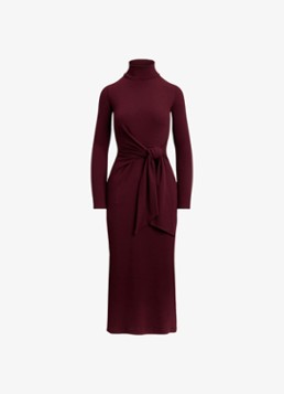 Ralph Lauren Dames FIjngebriede midi jurk met col en strikdetail in de kleur Dark Garnet / Bordeauxrood