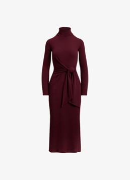 Ralph Lauren Dames Fijngebreide midi jurk met col en strikdetail in de kleur Dark Garnet / Bordeauxrood