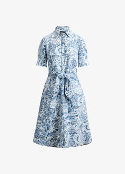 Ralph Lauren Dames Midi blousejurk van linnen met paisley dessin en geknoopt detail in de kleur White/Blue / Blauw