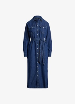Ralph Lauren Dames Midi blousejurk van denim met strikceintuur in de kleur Harvest Wash / Blauw