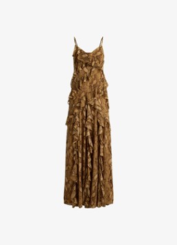 Ralph Lauren Dames Maxi jurk met slangenprint en ruches in de kleur Tan Multi / Beige