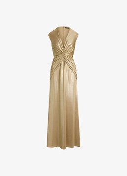 Ralph Lauren Dames Maxi jurk met metallic finish en geknoopt detail in de kleur Birch Tan/Gold Foil / Goud