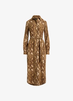 Ralph Lauren Dames Midi blousejurk met slangenprint en ceintuur in de kleur Tan Multi / Beige