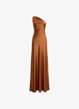 Ralph Lauren Dames One shoulder maxi jurk van satijn in de kleur Red Terracotta / Rood