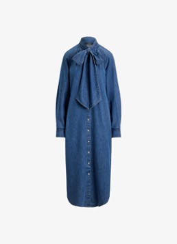 Ralph Lauren Dames Midi blousejurk van denim met sjaalkraag in de kleur Atlantic Blue Wash / Indigo
