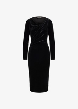 Ralph Lauren Dames Midi jurk van fluweel met watervalhals in de kleur Black Velvet / Zwart