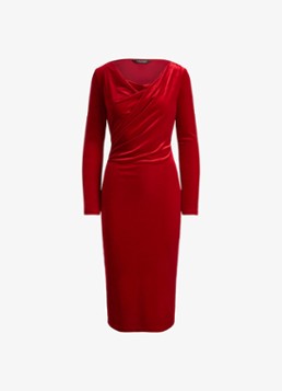 Ralph Lauren Dames Midi jurk van fluweel met watervalhals in de kleur Lauren Red Velvet / Rood
