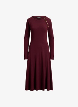 Ralph Lauren Dames Ribgebreide midi jurk met sierknopen in de kleur Dark Garnet / Bordeauxrood