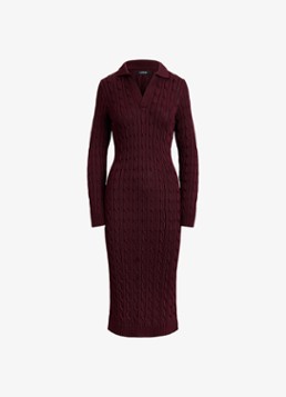 Ralph Lauren Dames Kabelgebreide midi trui-jurk met kraag in de kleur Dark Garnet / Bordeauxrood