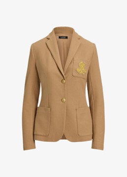 Ralph Lauren Dames Blazer van piqué katoen met metallic logoborduring in de kleur Camel