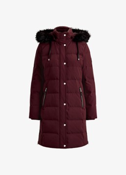 Ralph Lauren Dames Donsjas met capuchon en imitatiebont in de kleur Dark Garnet / Bordeauxrood