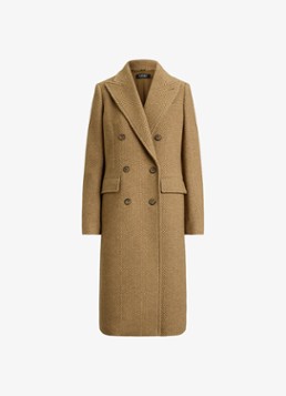 Ralph Lauren Dames Double-breasted trenchcoat in wolblend met visgraat dessin in de kleur Brown/Tan Multi / Bruin