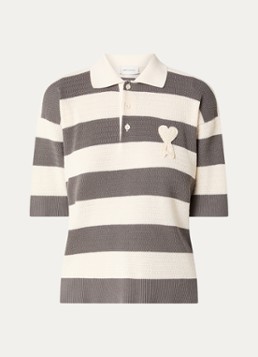 AMI Paris Dames Grofgebreide polo met streepprint en logo in de kleur Grijs, maat: L