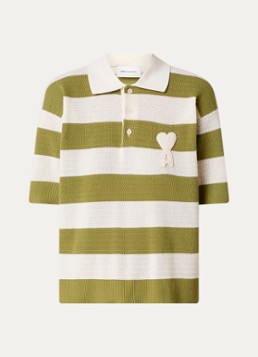 AMI Paris Dames Grofgebreide polo met streepprint en logo in de kleur Mosgroen, maat: S