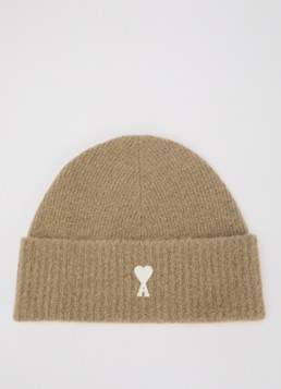 Ami Paris Dames Muts in alpaca wolblend met logoborduring in de kleur Beige, maat: ONE SIZE