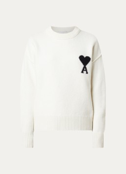 Ami Paris Dames Fijngebreide trui van scheerwol met ingebreid logo in de kleur Gebroken wit, maat: S