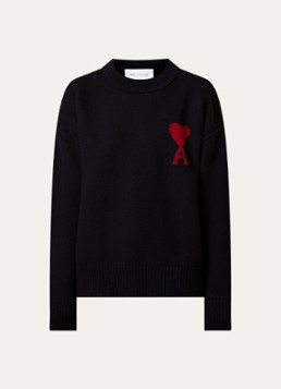 Ami Paris Dames Quota fijngebreide trui van scheerwol met ingebreid logo in de kleur Zwart, maat: M