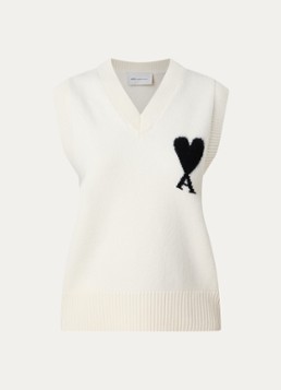 AMI Paris Dames Fijngebreide spencer van wol met logo in de kleur Creme, maat: M