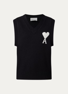 AMI Paris Dames Quota fijngebreide spencer van scheerwol met logo in de kleur Zwart, maat: M